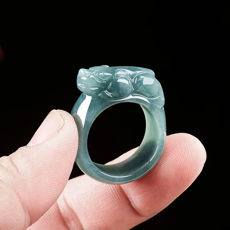 

TIMESWIND Natural A-type Jade Blue PIXIU Three-D Men Animal Wealth Ring with Certificate