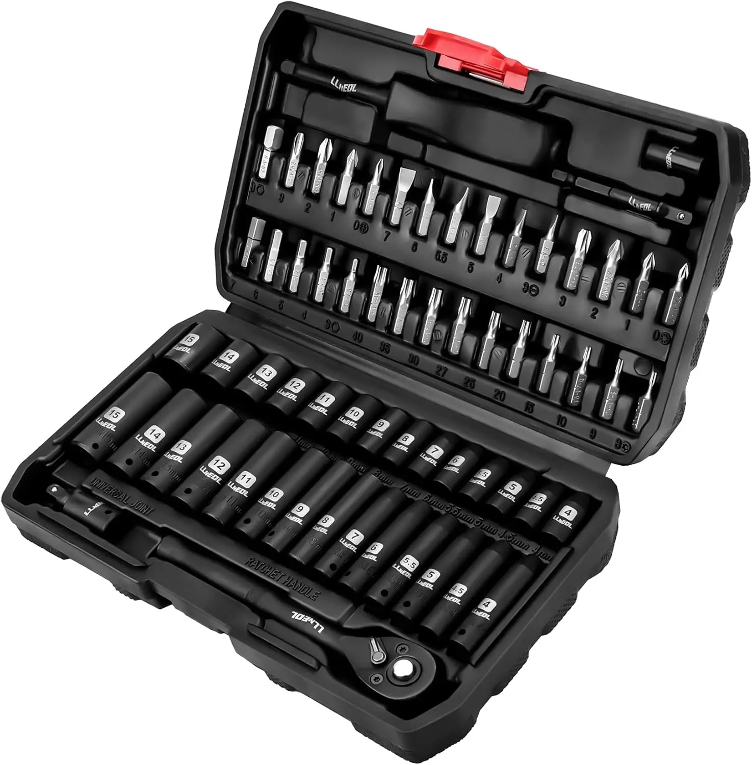 

1/4 inch Impact Socket Set, 63 Piece Drive Socket Wrench Set Metric (4-15mm) Deep and Shallow 6 Point, Automotive Tool Kit