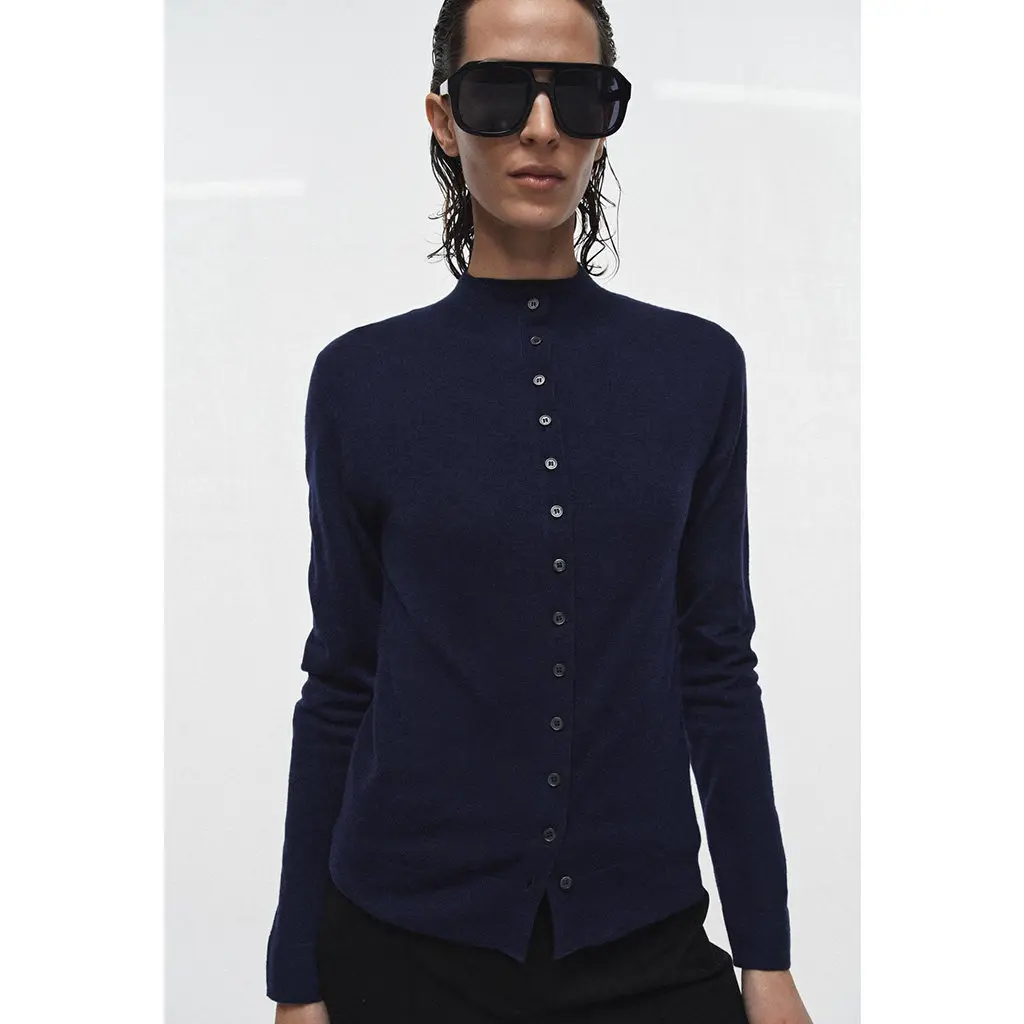 Spring Summer New Arrival Women's Lazy Style Single Button Long Sleeve High Collar Ultra Fine Knitted Open Cardigan Coat