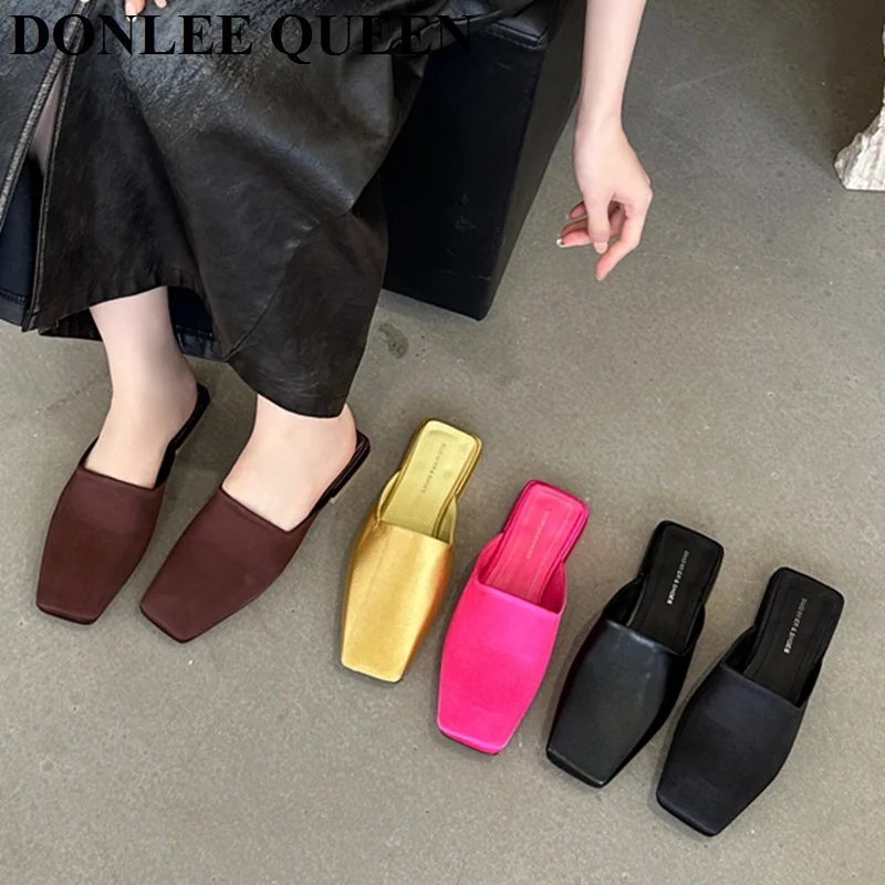 Fashion Square Toe Flat Slippers Women Casual Slip On Mule Luxury Brand Outside Slide Elegant Satin Lady Shoes Sandal Flip Flops