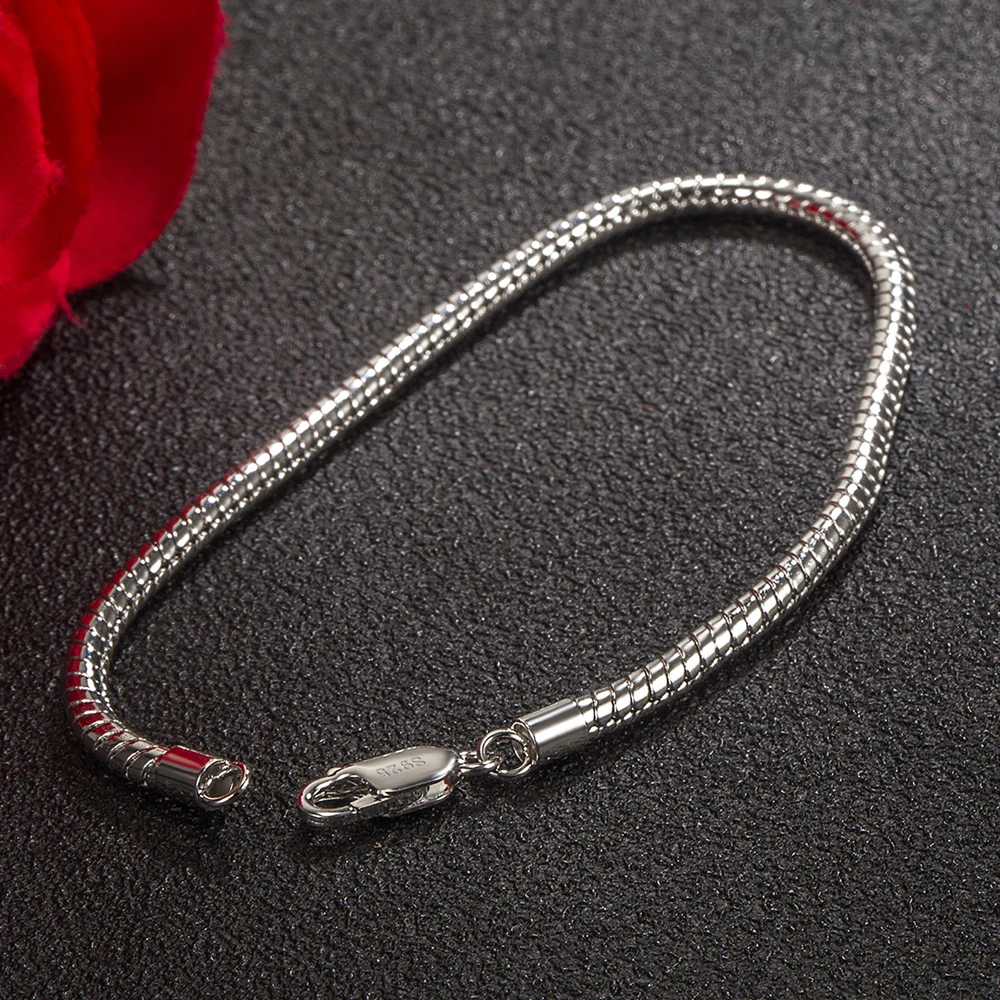 Smooth 3MM 4MM Round Snake Chain Bracelet 100% 925 Sterling Silver Men Women Teen Boy Girls 6.3"- 9" Bangle Jewelry Gift