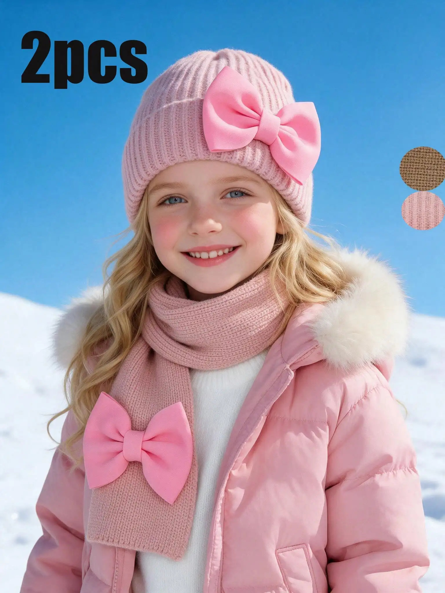 2pcs 3-8Y Kids Girls Cute Big Bow Earflap Knit Set, Ear Protection Hat & Scarf Kit for Little Girls