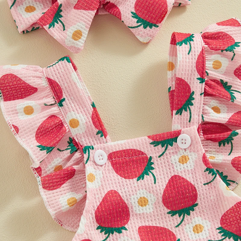 2024-01-03 Lioraitiin Infant Baby Girls Summer Romper Strawberry Flower Cherry Print Fly Sleeve Jumpsuit Cute Casual Clothes