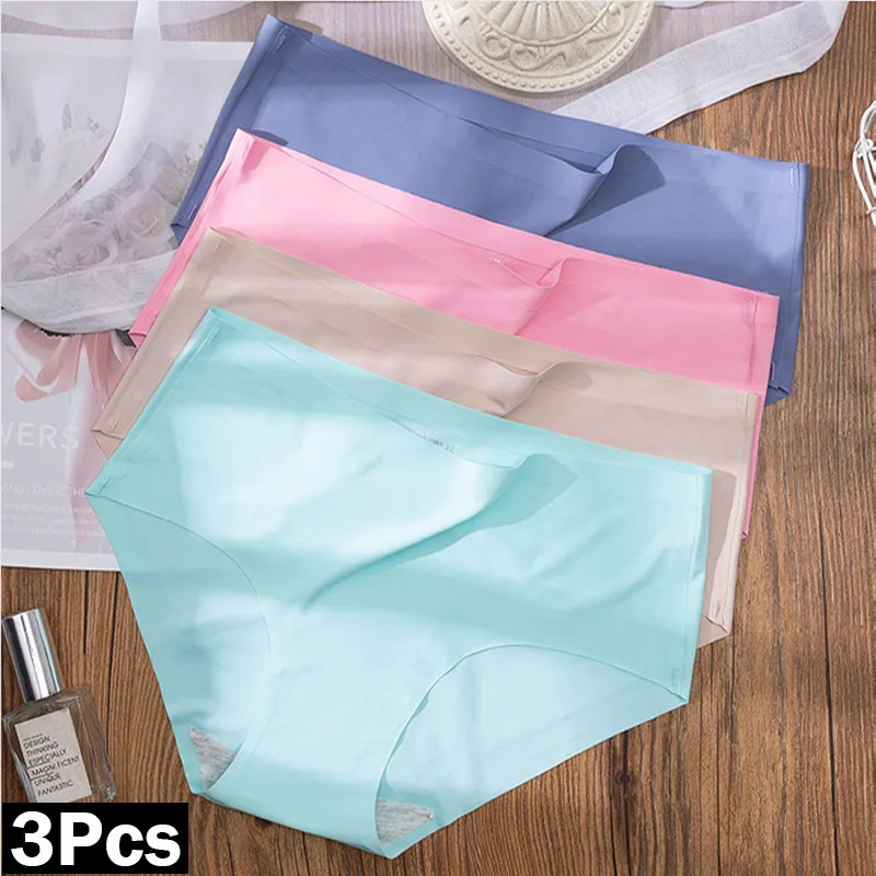 3Pcs/Lot Women's Panties Triangle Shorts Girls' Underwear Ice Silk Mid Waist Sexy Lingeries Women Seamless Underwear Plus Size