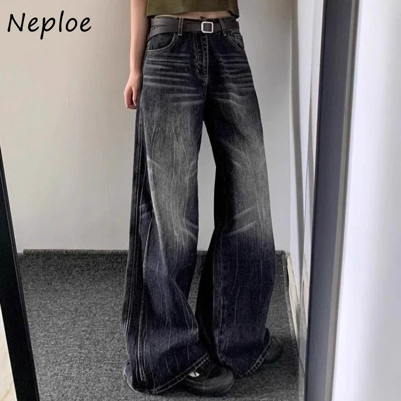 Neploe American Retro Oversize Loose Jeans for Women 204 Spring New Straight Trousers Y2k Grunge Black Wide Leg Pants