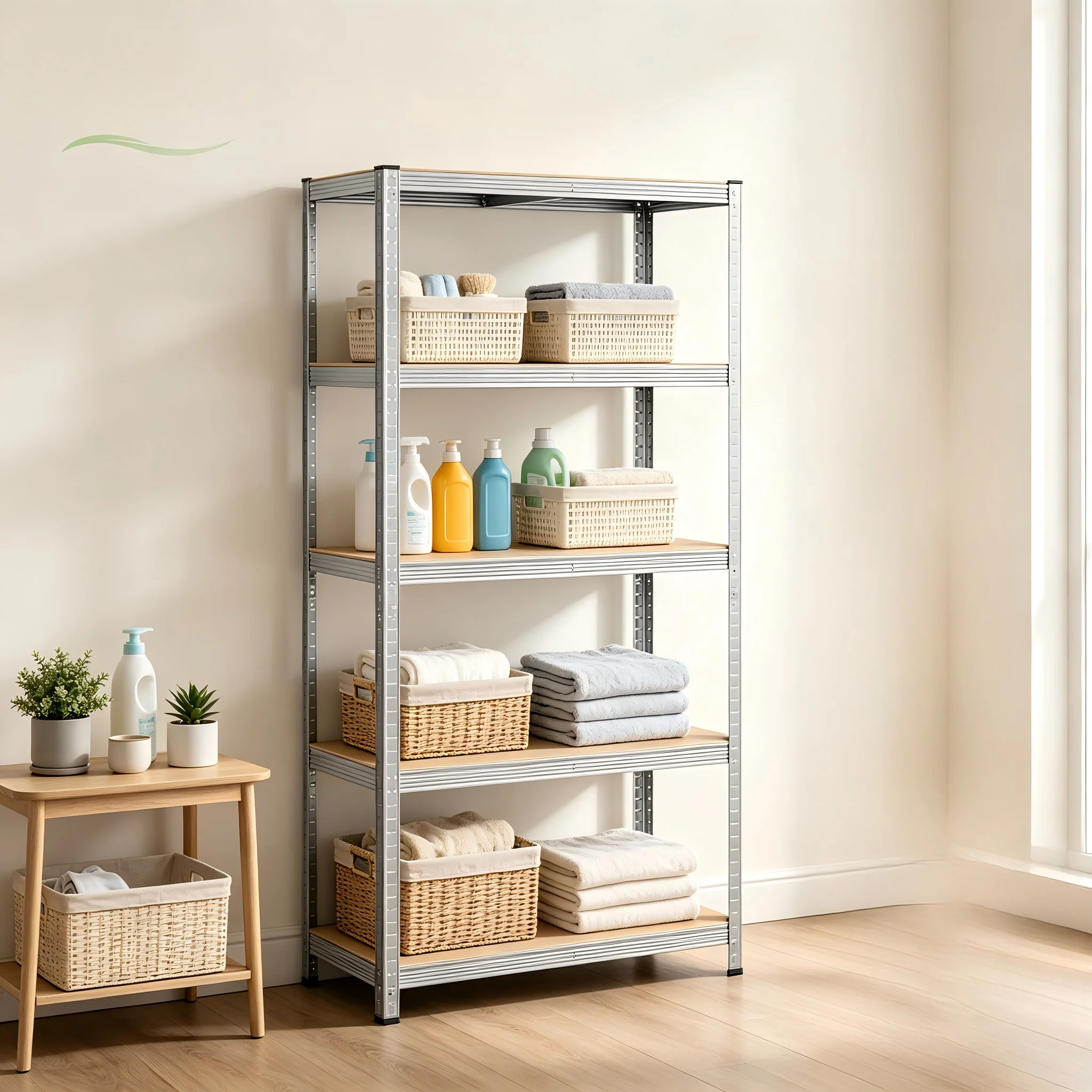 Scaffale metallico regolabile a 5 ripiani, struttura autoportante resistente senza bulloni, organizer multifunzionale nero e argento per dispensa, garage, ripostiglio e ufficio