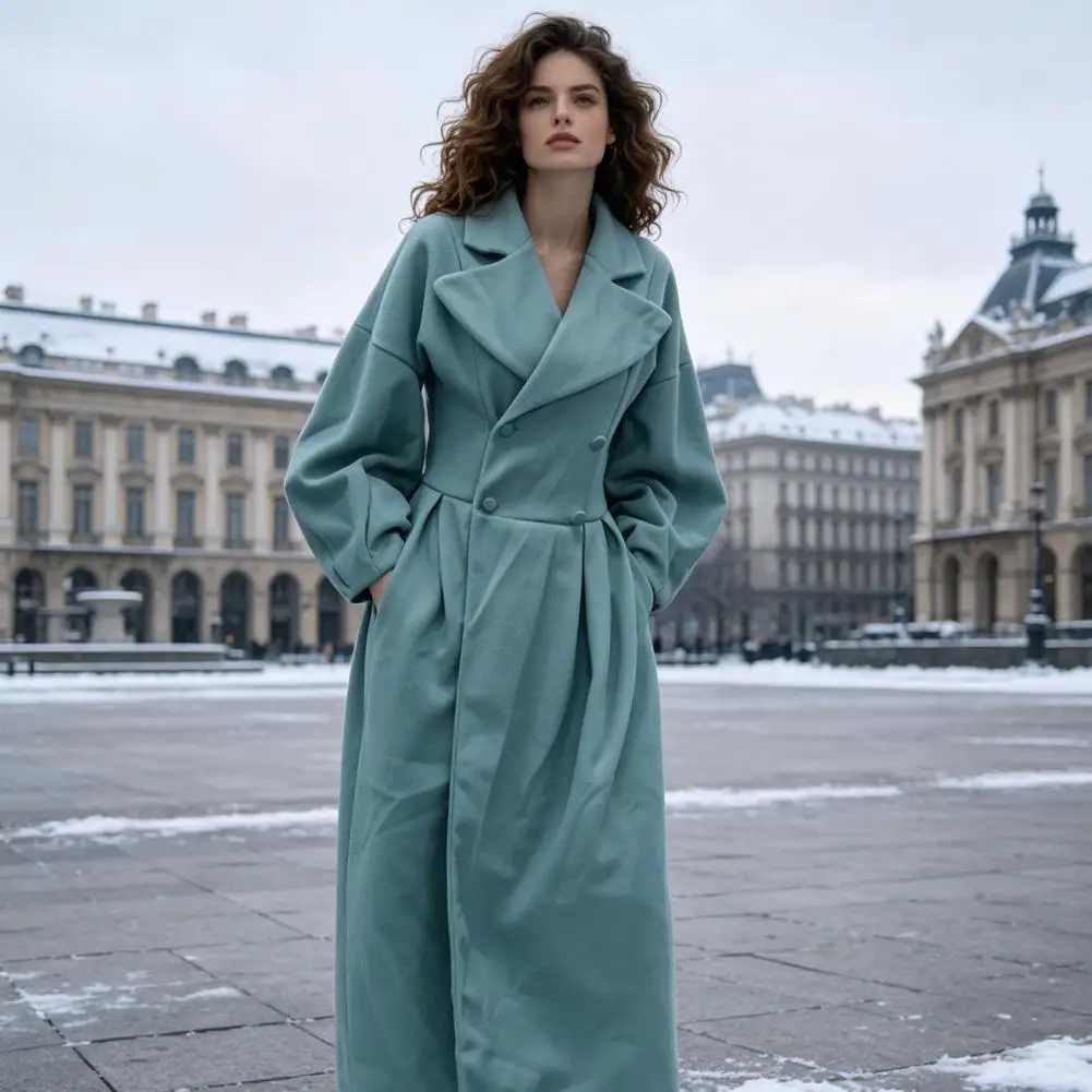 Wear Outerwear Women Long Wool Coat for Fall Winter Lantern Sleeve Overcoat with Notch Lapel Double Breasted Trench Coat