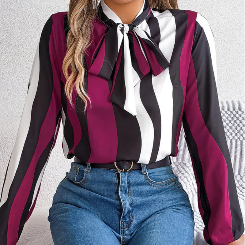 Spring Summer New Temperament Color Contrast Striped with Lantern Sleeve Chiffon Shirt on Street Casual Style Suit Shirt Blouse