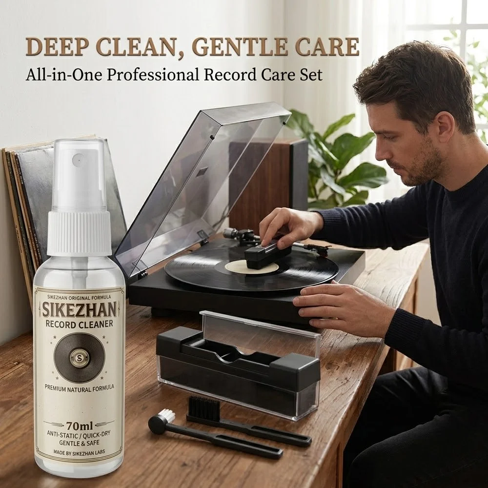 2026 Upgraded SIKEZHAN Vinyl Record Cleaner Kit, New Formula 70ml Spray, Anti-Static Velvet Brush, Stylus Dust Remover for LP