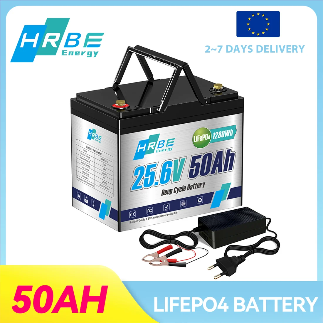 بطارية ليثيوم HRBEEnergy 24 فولت 50 أمبير LiFePO4 مع تفريغ مستمر 1C أقصى، دورة عميقة للمحركات عالية الطاقة والمعدات والمركبات الترفيهية