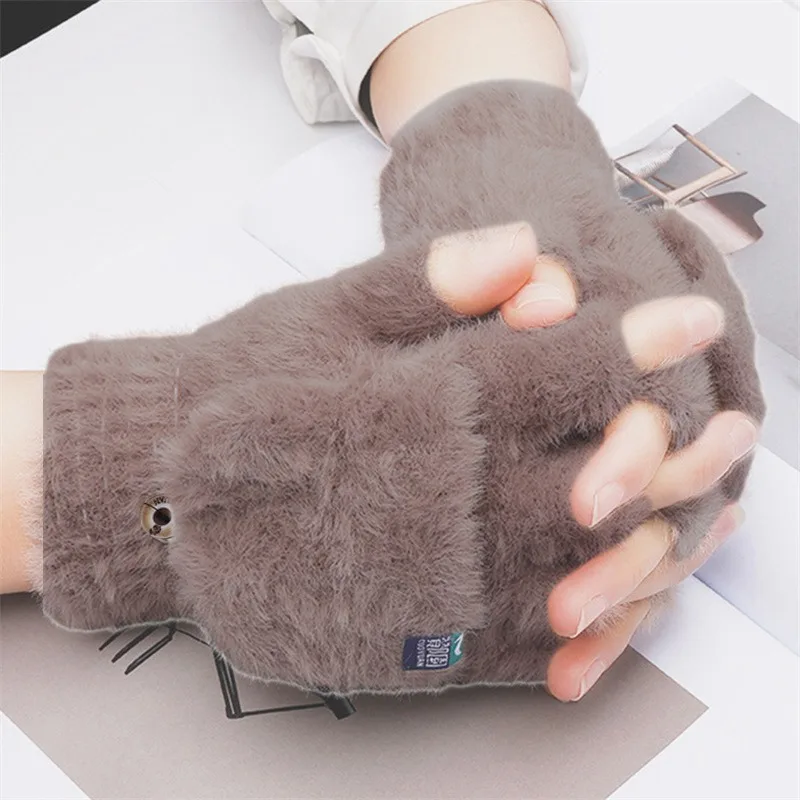 Inverno luvas de pele de coelho mulheres luvas quentes feamle meninas flip luva de pelúcia sem dedos engrossar luva quente luvas de trabalho meio dedo