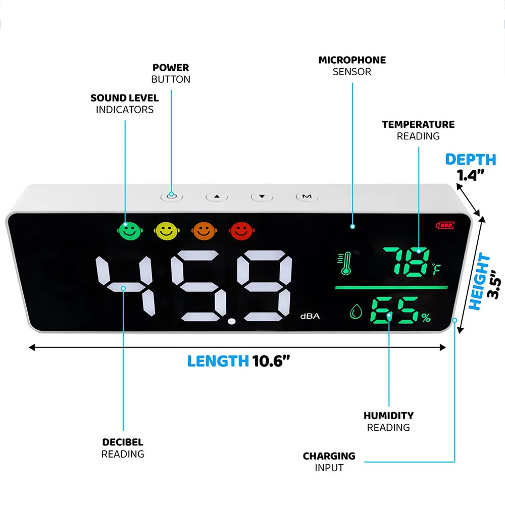 2000mAh 3in1 Decibel Meter for Noise/Temp/Humidity Detection with LED Display Indoor Wall Mounted Tester Adjustable Brightness