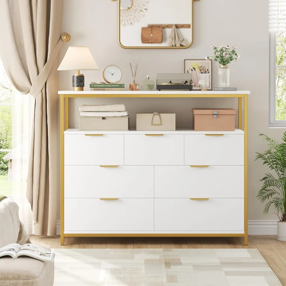 Modern 7 Drawer Dresser, White Dresser with Metal Handles, White and Gold Dresser, Tall Dresser Chest of Drawers, Large Capacity