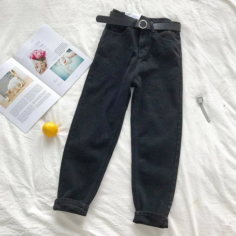 Fashion Women\'s Jeans Ninth-length Trousers Korean Streetwear High Waist Blue Black Denim Pants Baggy Mom Jeans Capri Bottoms