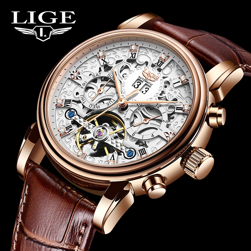 LIGE Brand Classic Mens Automatic Mechanical Watch Luxury Tourbillon Watches Leather Waterproof Military Wristwatch Montre Homme