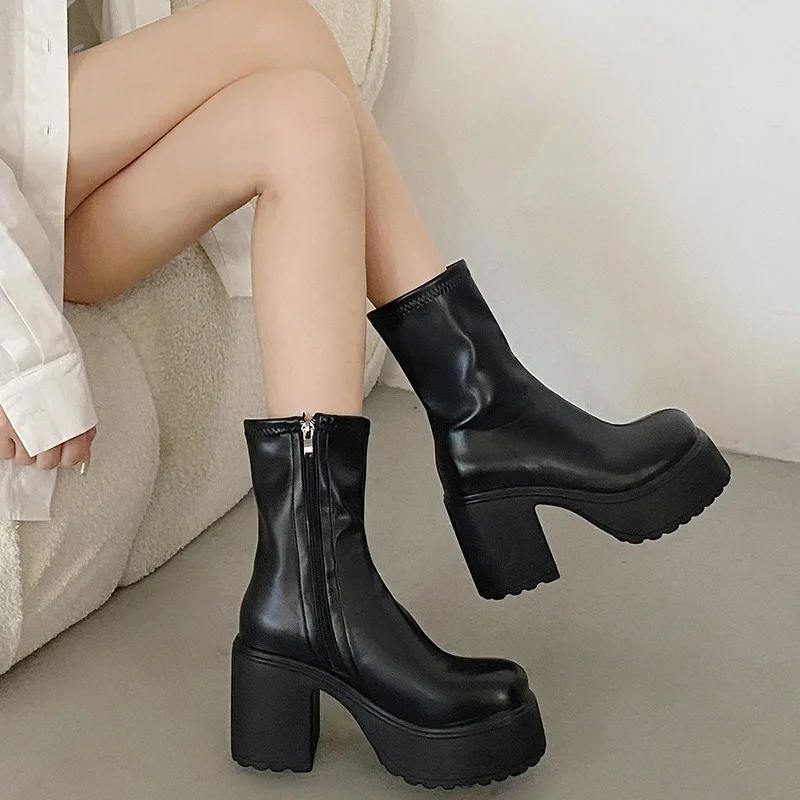 New Chunky Platform Ankle Boots Women Vintage Big Toe High Heels Short Boots Woman Zipper Thick Heel Pu Leather Botas De Mujer