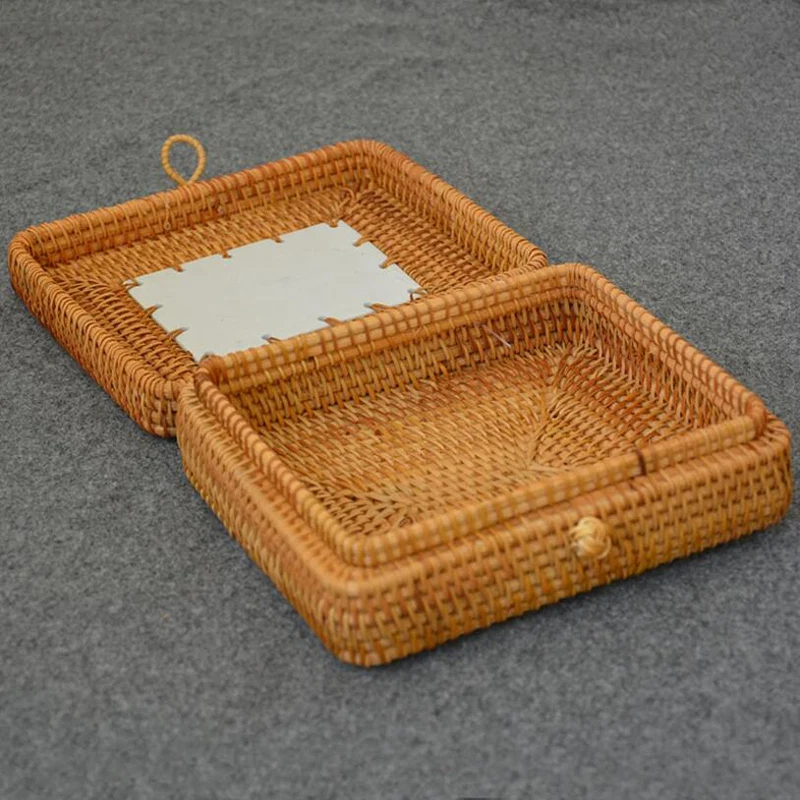 Caja de almacenamiento tejida de ratán con tapa, cajas de joyería hechas a mano, organizador de maquillaje, contenedores de caja de té de madera para artículos diversos, regalo