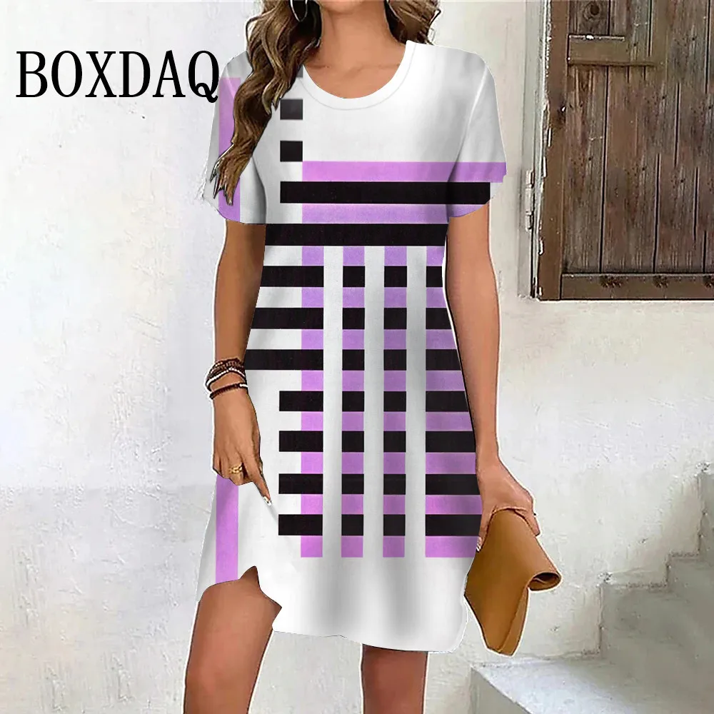 Women's Casual Dress Sundress Summer Short Sleeve Pullover Striped Plaid Dress Fashion Plus Size Ladies Mini Dress Vestidos 2024