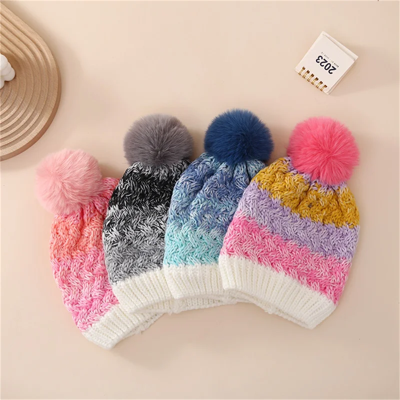 Baby Beanie Contrast Color Winter Warm Knitted Hat with Plush Lined Ball Toddler Boys Girls Beanie Caps