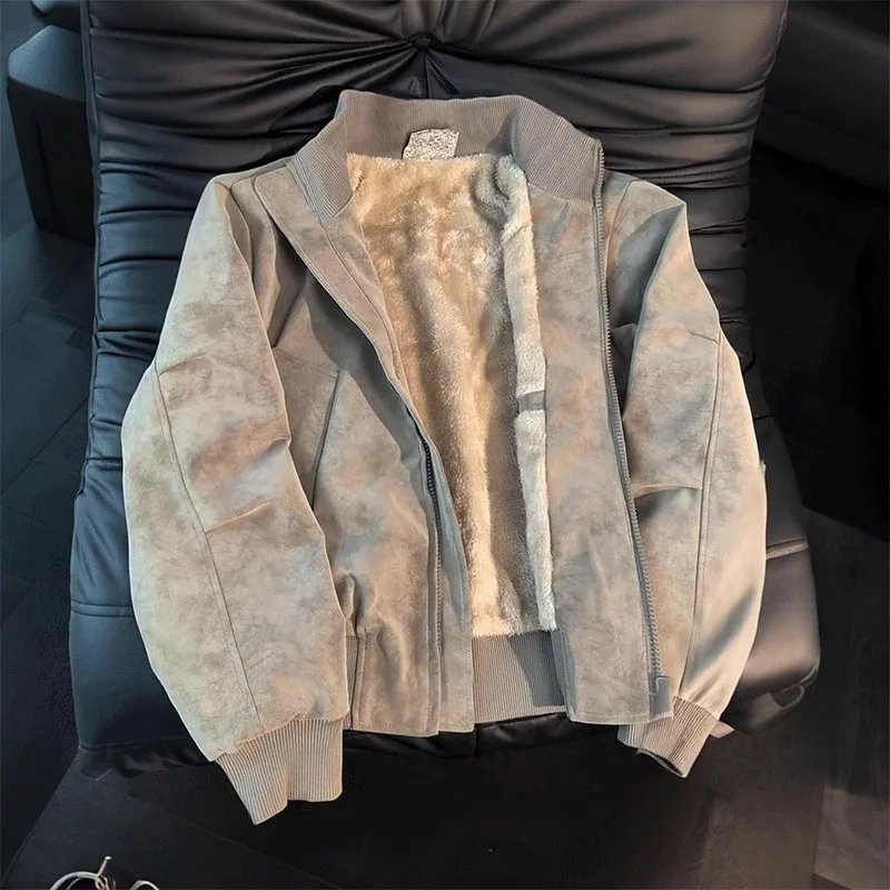 

American tie-dye PU leather jacket men's autumn and winter velvet thickened cotton coat short stand collar cotton coat