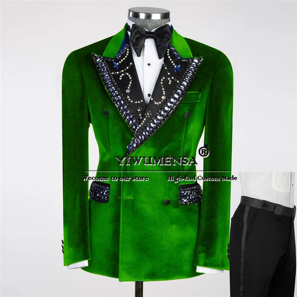 Unique Design Suits Men Green Velvet Jacket Pants 2 Pieces Groom Wedding Tuxedo Tailored Beaded Stones Prom Blazer Man Clothing