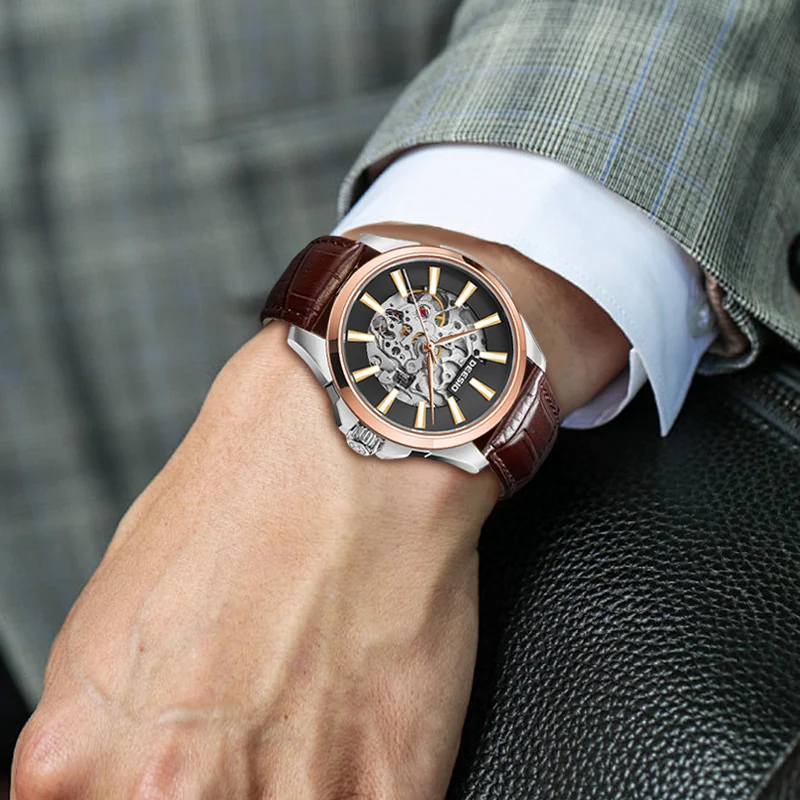 ساعات Deesio للرجال N821CP ساعة ميكانيكية مجوفة بحركة أوتوماتيكية 30 متر مقاومة للماء ساعة يد فاخرة على الموضة مع صندوق هدايا