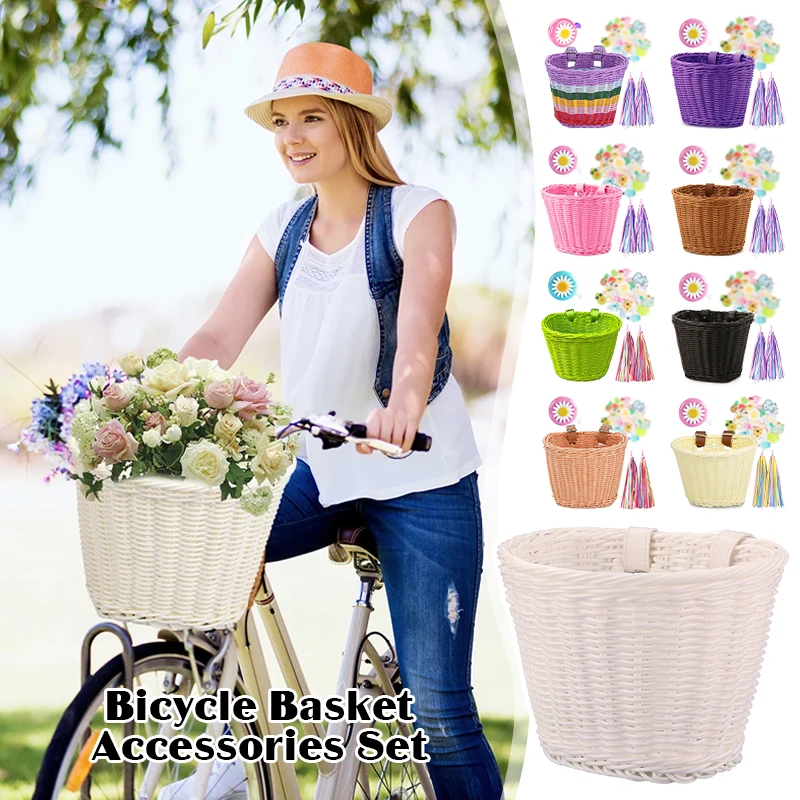 4Pcs Bicycle Handlebar Bicycle Basket Cycling Rattan Wicker Basket Vintage Hand Woven Bike Basket for Girls Women Bike Accessory