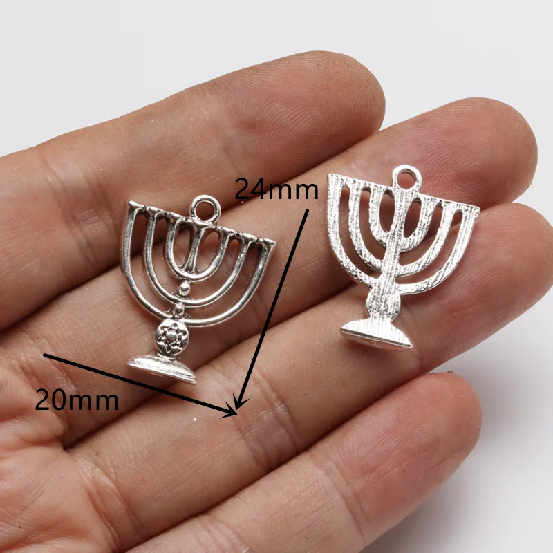 15pcs Silver Plated Judaism Holy Candlestick Pendant DIY Charms Bracelet Earrings Hanukkah Jewelry Crafts Making 24*20mm A1647