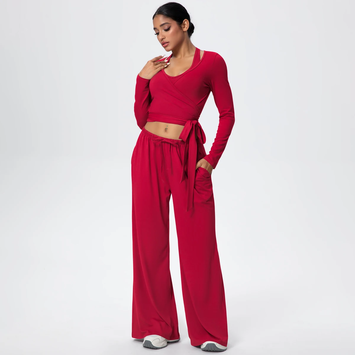 Women Yoga Three Piece Set fitting Solid Color Backless Workout Top Pilates Long Sleeved Quick Drying Pockets Wide Leg Pants
