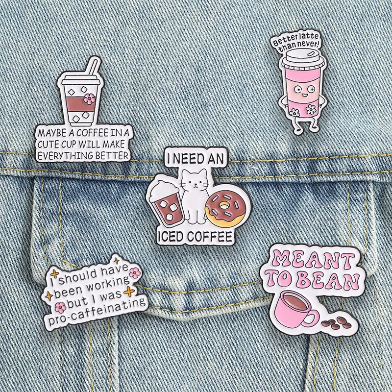 Iced Coffee Enamel Pins Cat Donut Latte Brooches Barista Pun Quotes Badges Pro-caffeinating Jewelry Gift for Friends
