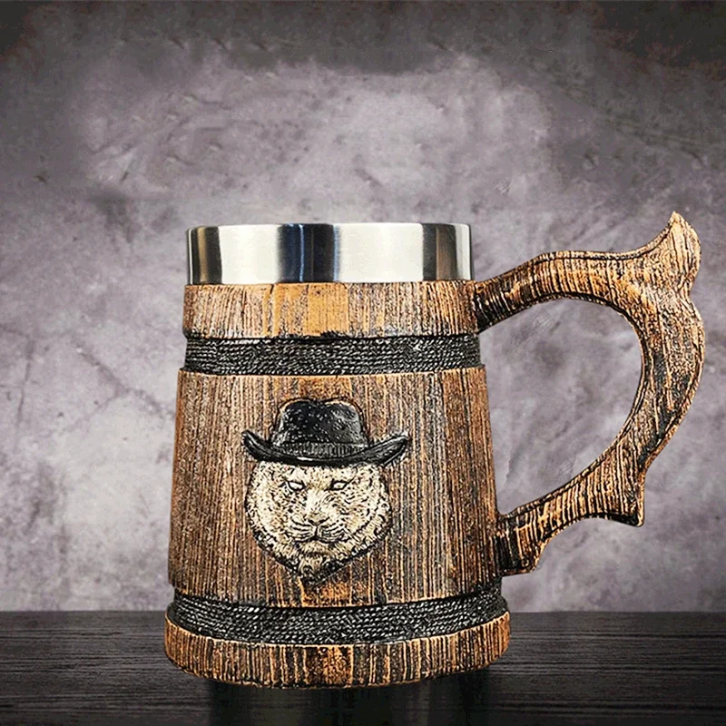 580ml 3D Stainless Steel Mug Lion Tiger Wooden Barrel Drinking Cup Resin Beer Stein Tankard Coffee Tea Cup Halloween Gift Bar