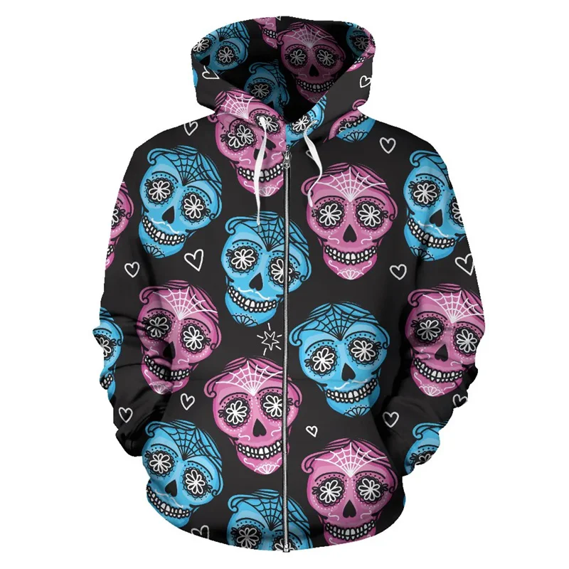 Halloween Horror 3D Day Of The Dead Print Zip Up Hoodies Día De Muertos Graphic Zipper Sweatshirts Unisex Fashion Streetwear Top