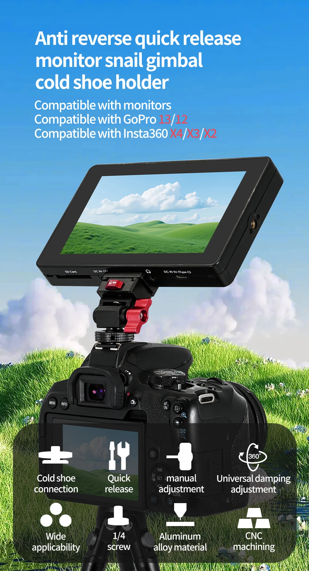 Video Rig Kugelkopf 360 drehbare Monitorhalterung 1/4 Zoll ARRI Pin Kaltschuh Schnellwechselplatte für DSLR-Kamera LED-Lichtmikrofon – Detail 1