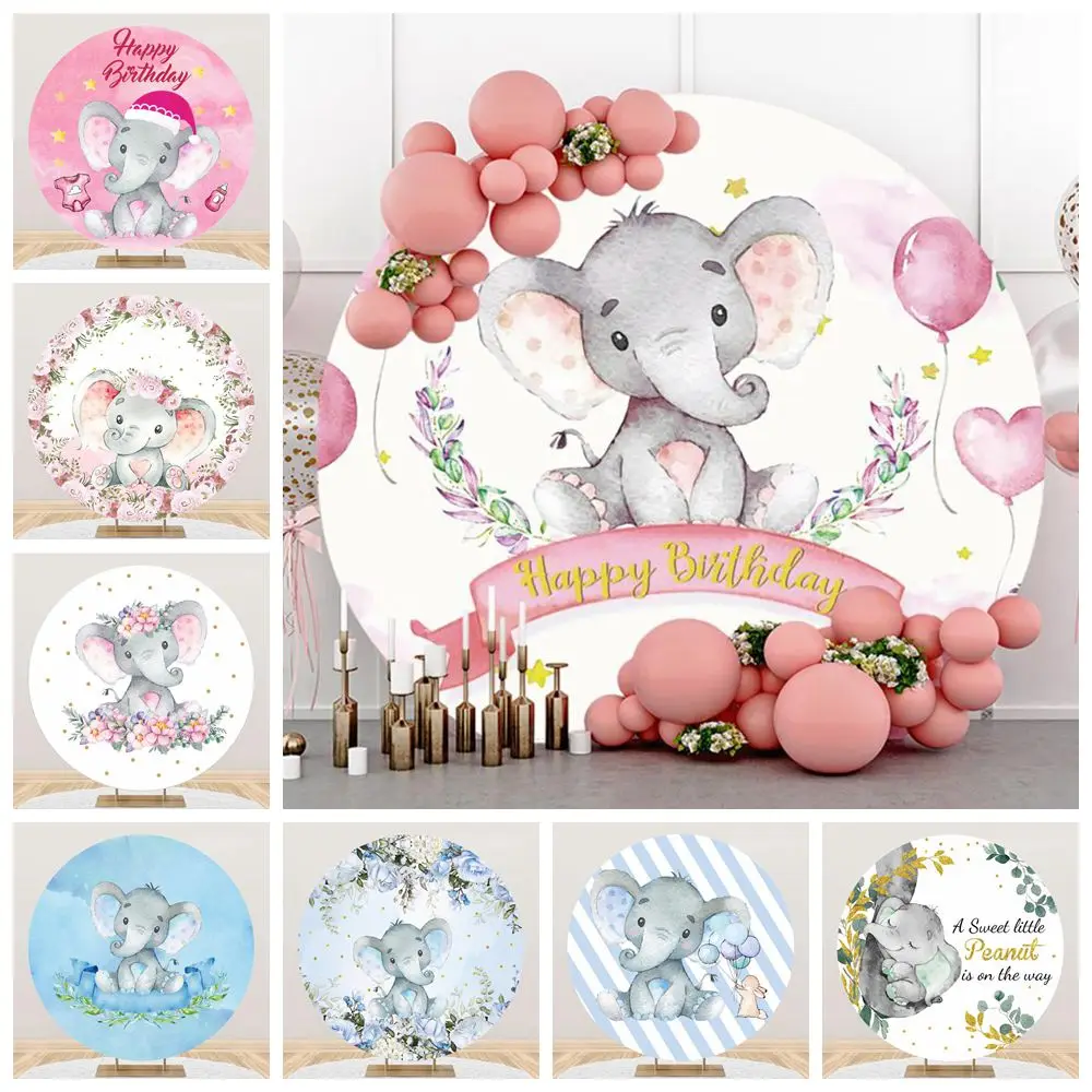 

Cute Elephant Round Backdrop Cover Flowers Leaves Girl Boy Baby Shower Birthday Party Photography Background Decor Photostudio