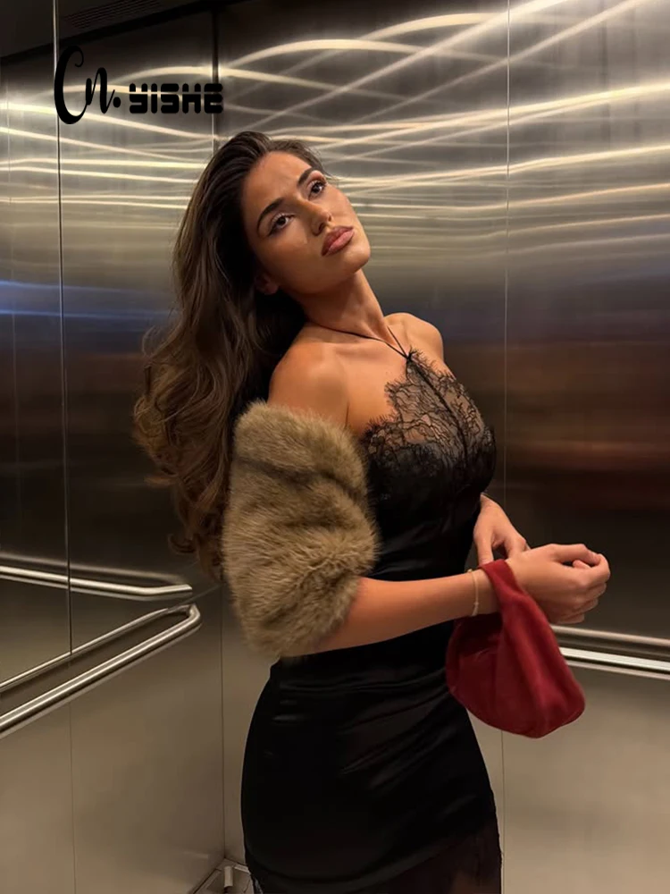 CNYISHE الرسن الدانتيل المرقعة أكمام عارية الذراعين حفلة مثير نادي ملابس النساء فساتين غمد موضة اللياقة البدنية الإناث Bodycon