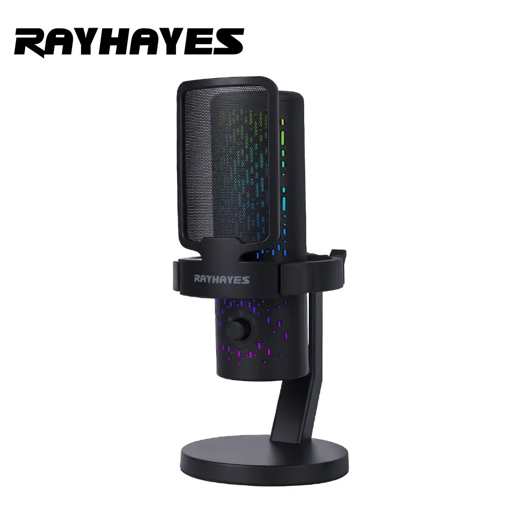 Microfone Gamer USB RAYHAYES JI-M168 RGB, Microfone Condensador HiFi 24Bit com Redução de Ruído para Streaming e Gravação