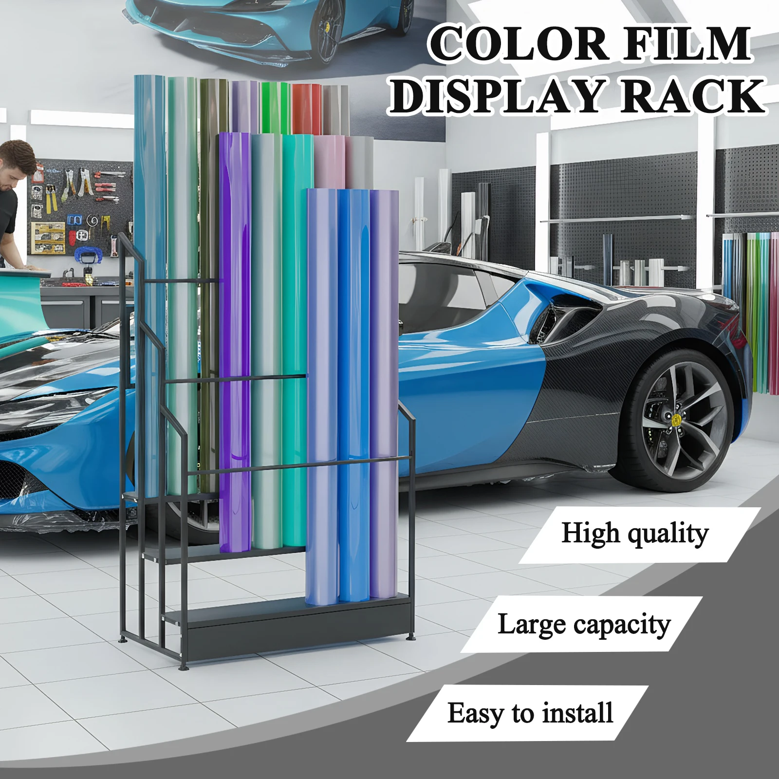 

Трехуровневая напольная стальная стойка для хранения рулонов винила с регулируемыми направляющими для магазинов рукоделия и мастерских