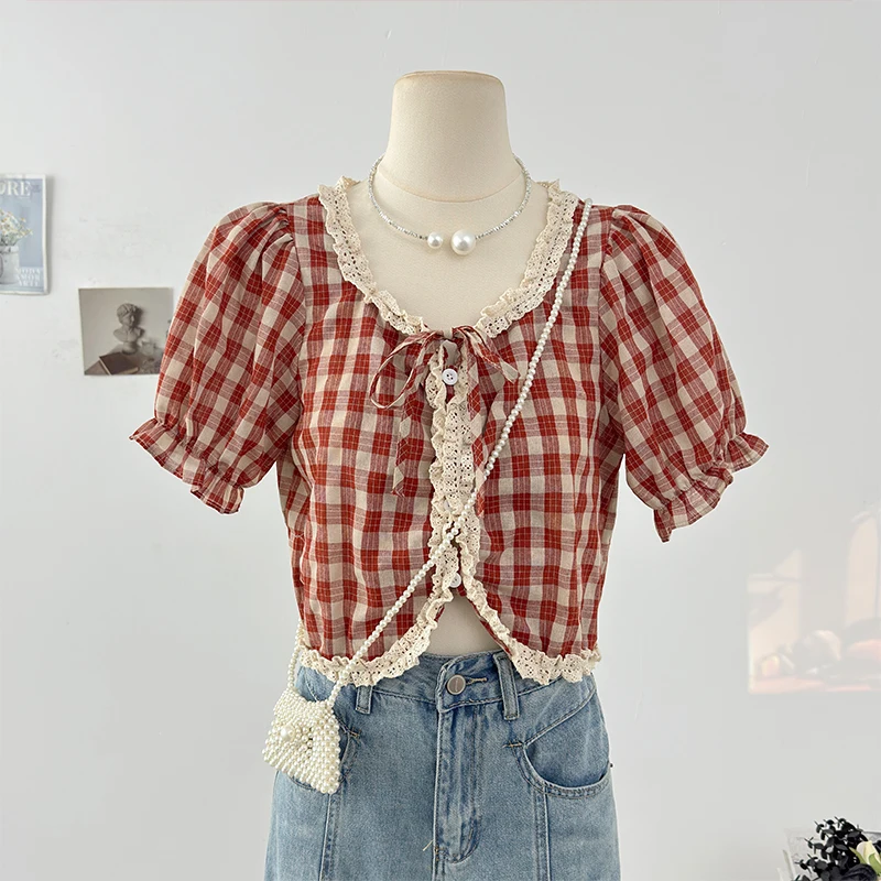 

Sweet Lace Patchwork Plaid Puff Sleeve Shirt Women 2025 Summer Bow Tie Slim Fit Crop Top Fashion Versatile Chic Blouse