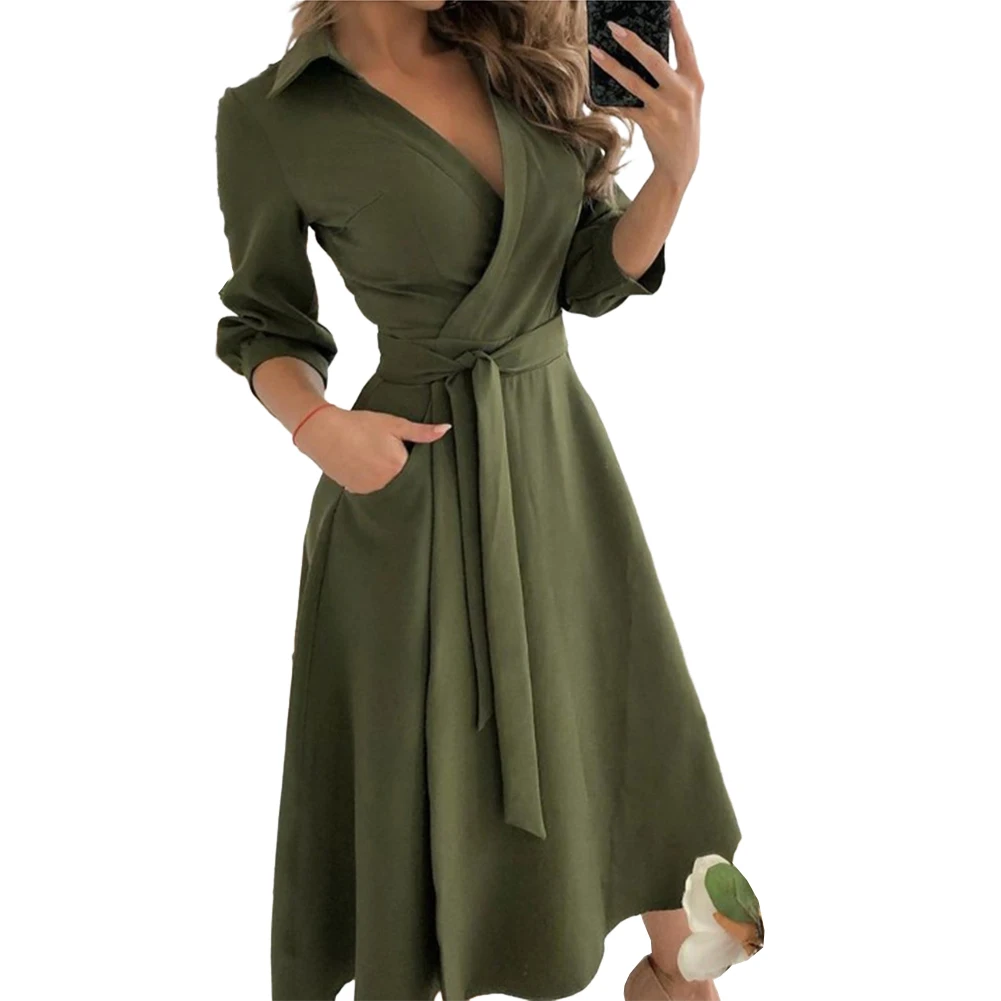 Fashion Elegant Party Dresses Three-quarter Sleeve Solid Floral Cropped Deep V Neck Belted Wrap Long Evening Dress For Women