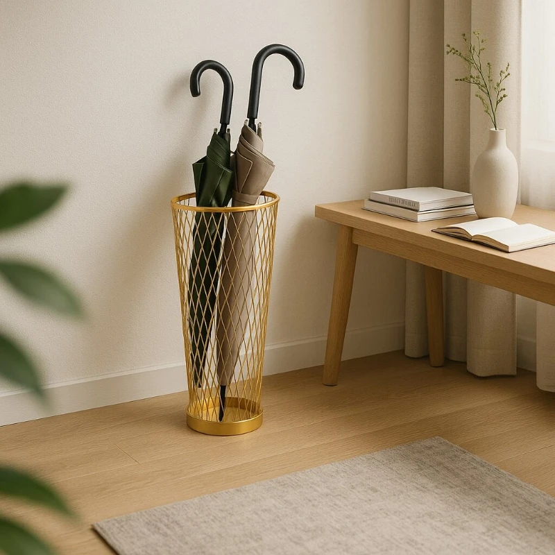 

Luxury Golden Iron Umbrella Stand Modern Mesh Design Entryway Organizer Creative Light Hollow Umbrella Holder for Home Decor