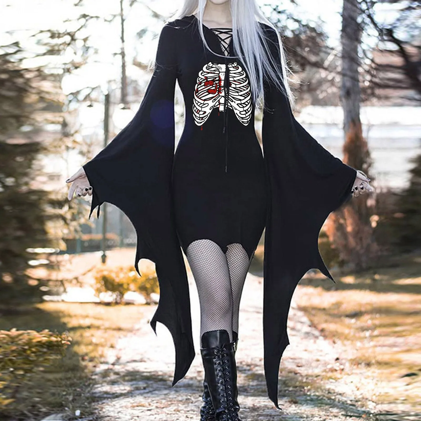 Vintage Halloween Dress Witch Vampire Cosplay Costumes Gothic Batwing Sleeve Dresses Up Medieval Female Party Slim Dress Vestido