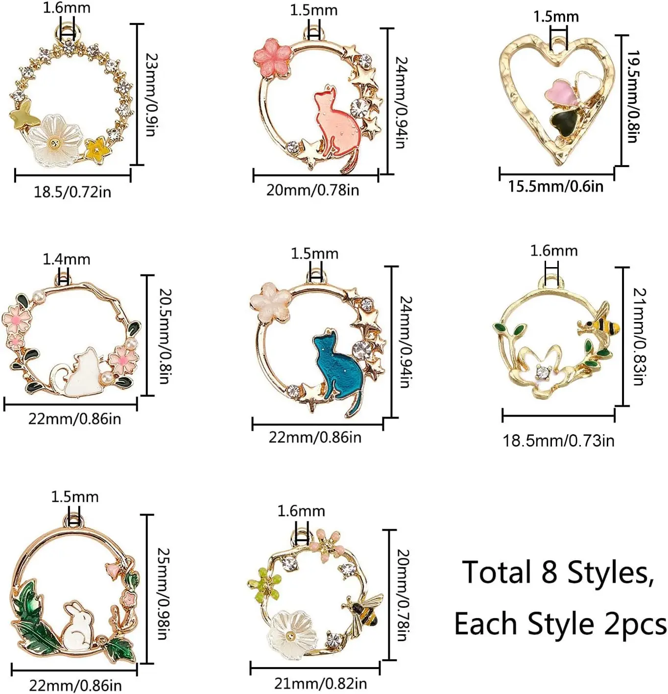 16Pcs 8Styles Enamel Flower Cat Rabbit Pendant Charms Alloy Eamel Flower Charms Bulk Jewelry Findings for Jewelry Making