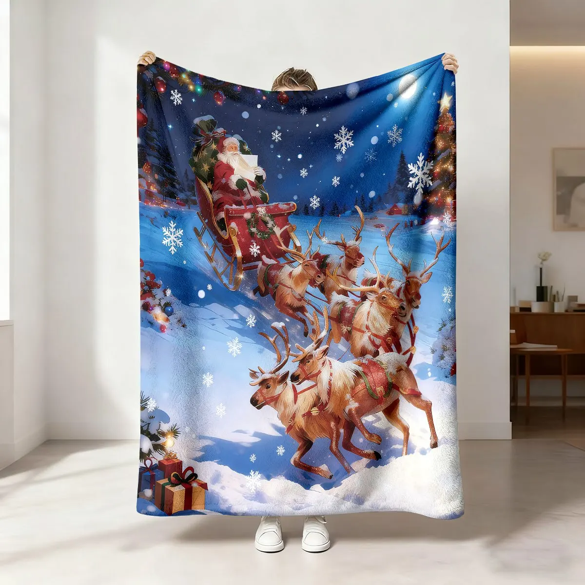 Cozy Christmas Santa Reindeer Sleigh Throw Blanket Holiday Winter Xmas Decor Gift Idea