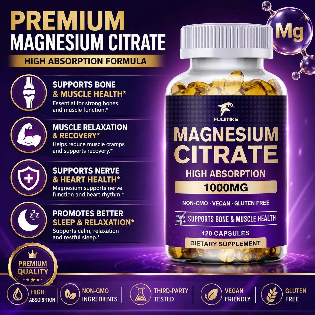 Premium Magnesium Citrate 435mg Supplement, Elemental Magnesium, Supports Muscle Function, Relaxation, Heart Health & Vitality