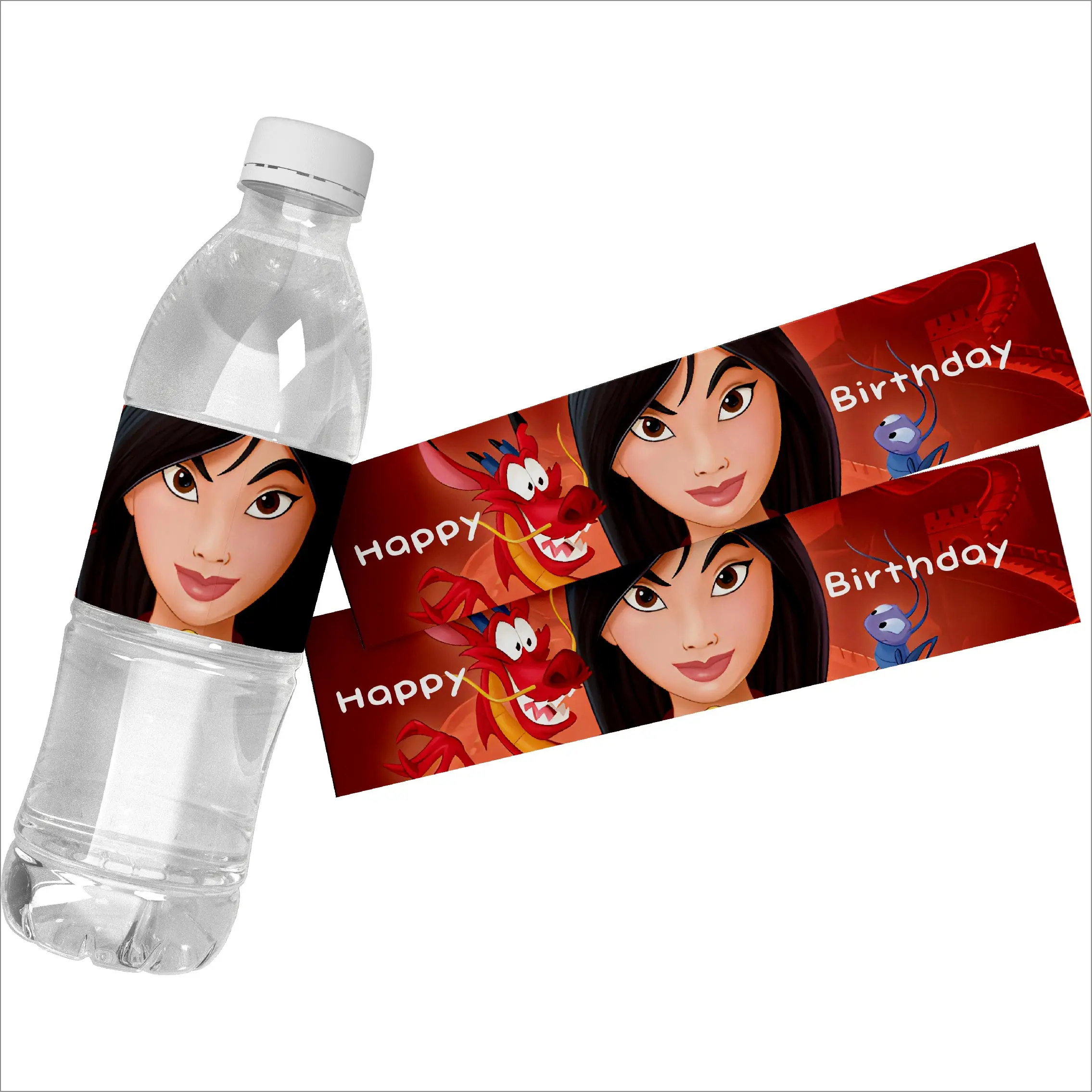 24Pcs Cartoon Disney Mulan Water Bottle Labels Stickers Happy Birthday Party Decor Baby Shower Mulan Theme Custom Labels Sticker