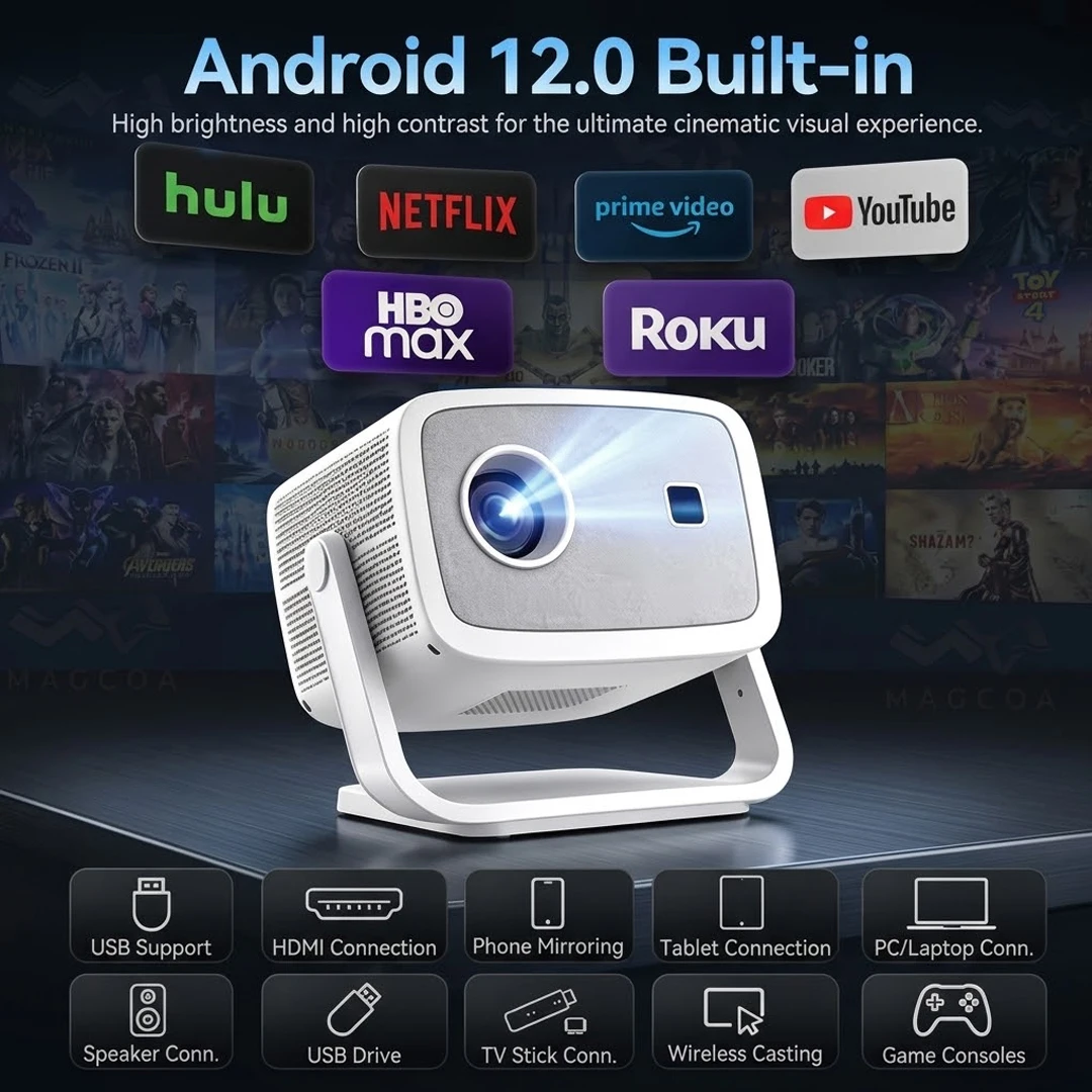 Smart Projector 1080P Native Support 4K&8K Decode Android 12 BuildIn Speaker WIFI6 Auto Focus/Keystone 4K Home Theater Proyector