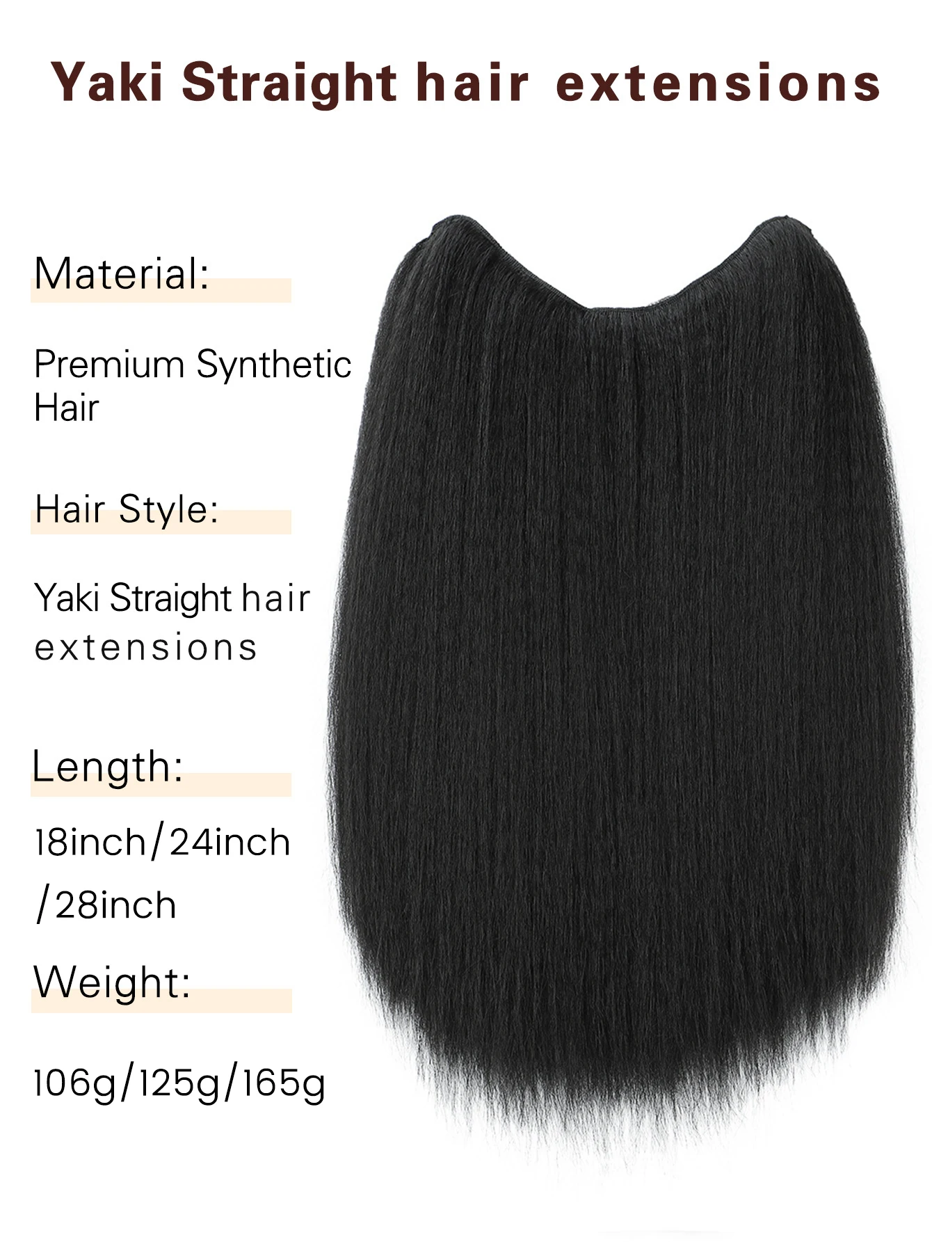 28Inch Synthetic V-shaped Layered 5 Clips Long Yaki Straight Hair Extension 1B# Fashion Invisible Hairpiece Wig for Women Kinky