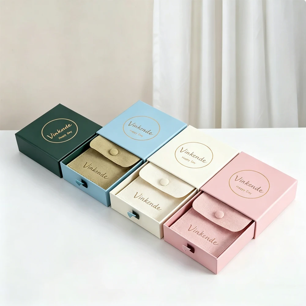 

24Pcs Customized Logo Jewelry Packaging Boxes Earring Bracelet Keychain Bag Sliding Drawer Box With Suede Microfiber Snap Pouch