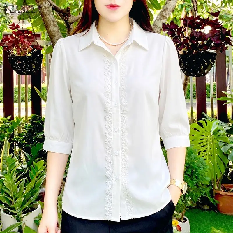 ZANZEA Women Shirt Fashion Lace Patchwork Summer Autumn 3/4 Sleeve Tops Turn-down Collar Tee OL Work Party Shirts Streetwear