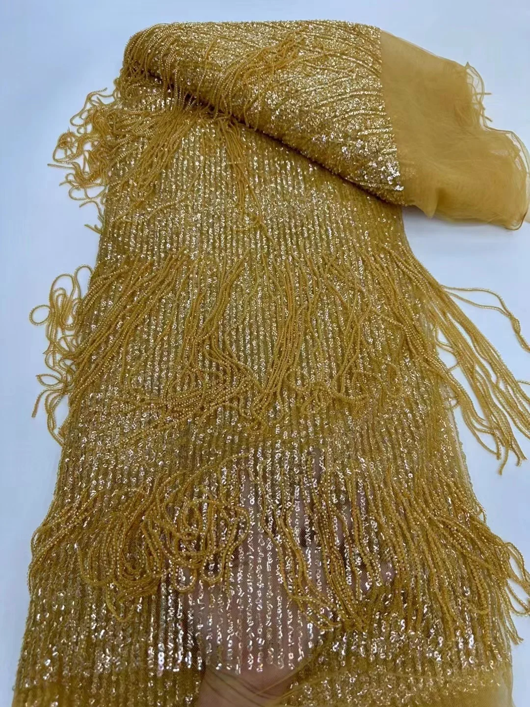 GoodLooking Gold Color Beads Fringe Sequins Fashionable Tulle Embroidery French Net Lace Fabric in Plenty Colors for Party Dress